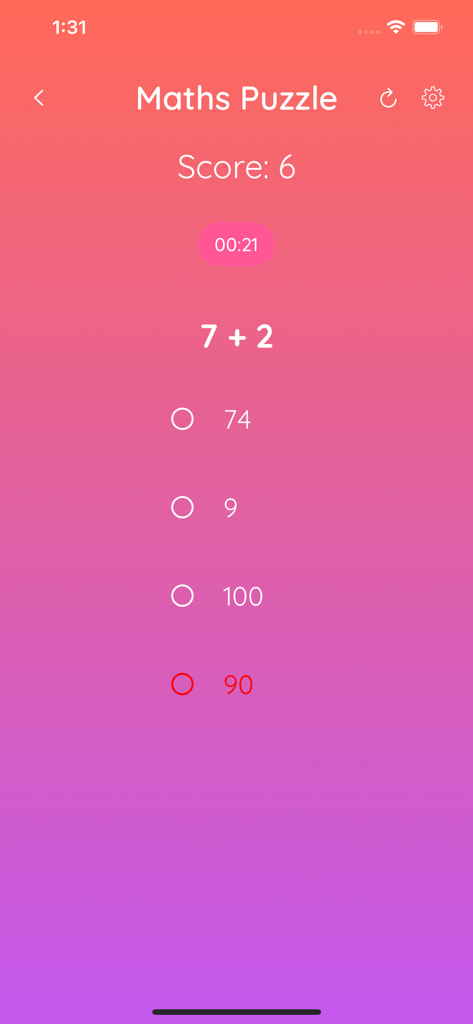 2048 Game & Maths Tables - Interfaz del juego Maths Puzzle con un desafío de suma con opciones de respuesta múltiple.