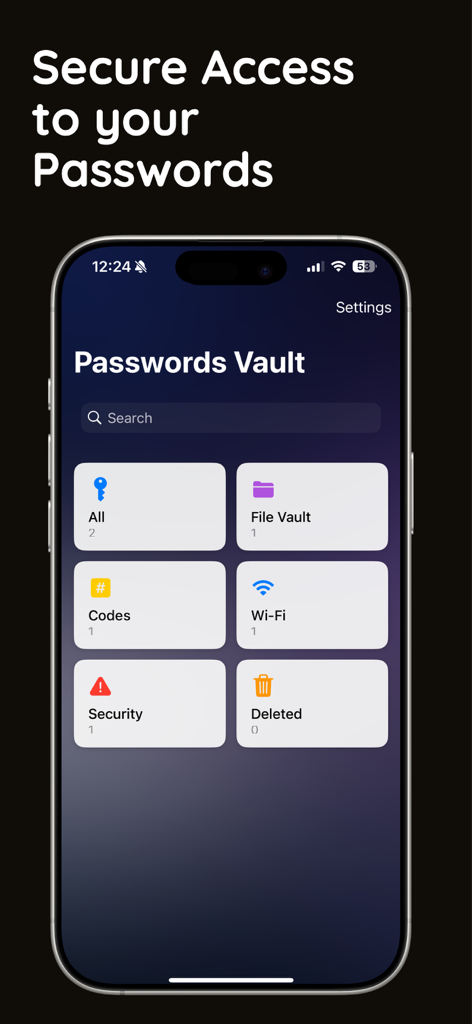 Main dashboard of the Finger Vault app showing categories for passwords files and wifi security