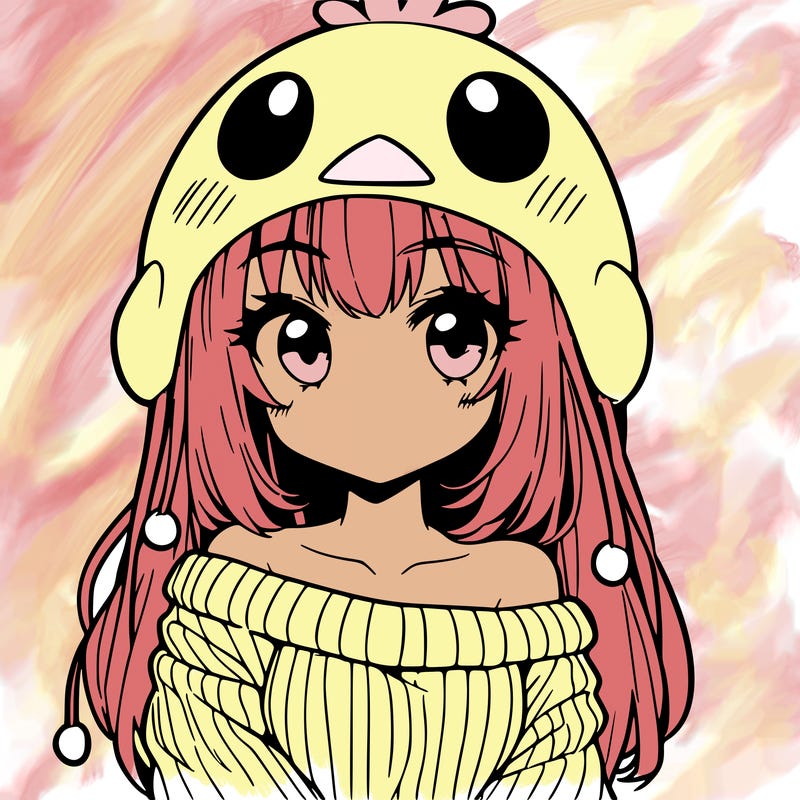 anime girl with chick shaped hat with sweater with bare shoulders with bangs covering them one eye with low tail