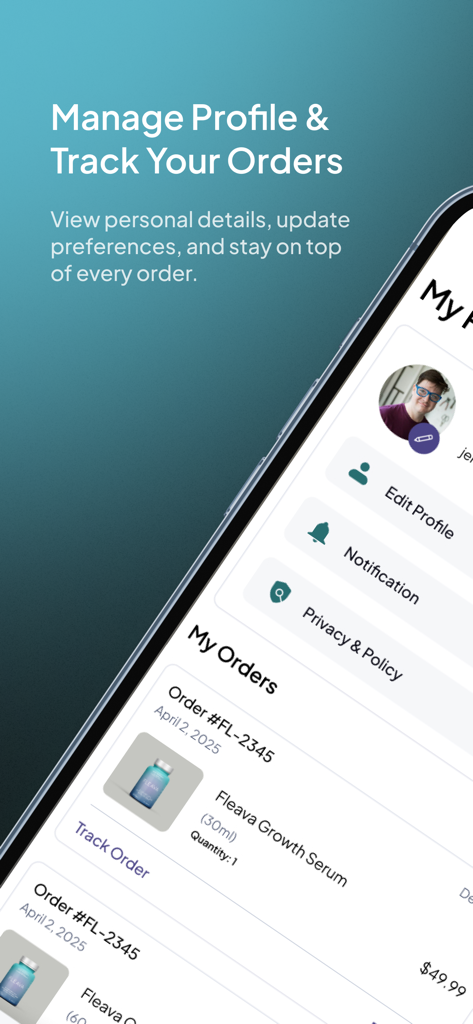 Fleava: Hair Health for Men - Fleava app interface for managing user profile and tracking product orders