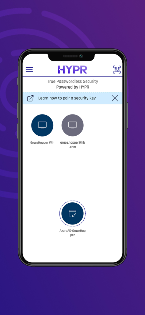 HYPR - HYPR mobile app dashboard displaying paired enterprise accounts for passwordless security authentication.