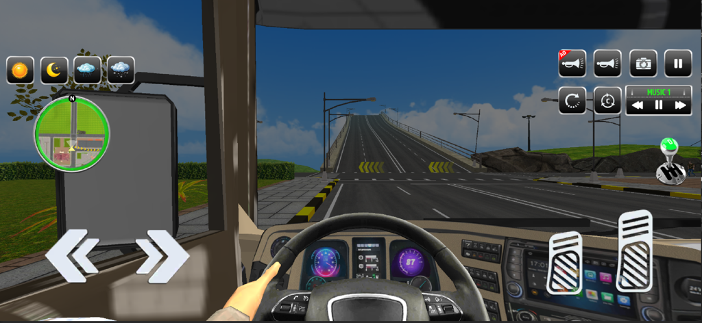 Factory Truck Simulator Games - Vista de cabina en primera persona de un juego de simulación de conducción de camiones con controles de tablero y volante
