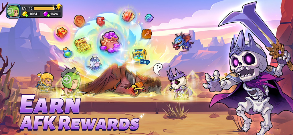 Chibi style characters in Mini Heroes Magic Throne defeating a giant skeleton boss and earning AFK rewards.