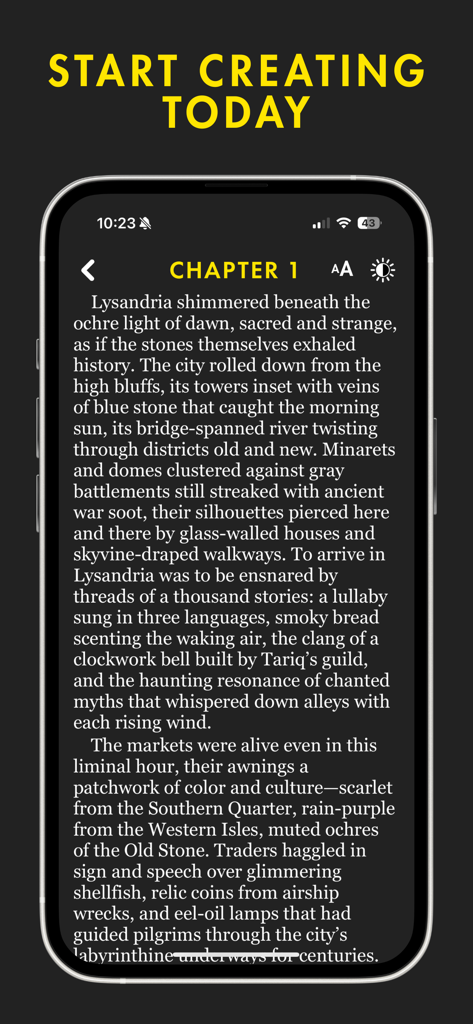 Noval: AI Story Creator - Noval AI Story Creator app interface showing the first chapter of a generated book on a smartphone