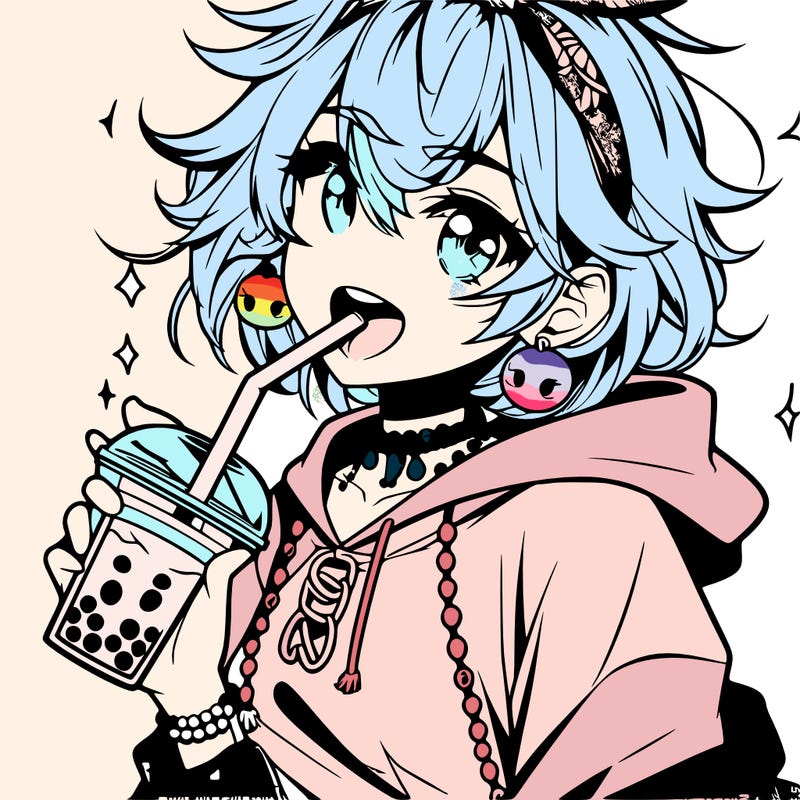 hot baddie anime girl drinking boba and biting the straw