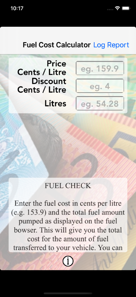 Fuel Check - Fuel Check app interface showing the fuel cost calculator with input fields for price per litre discount and total litres