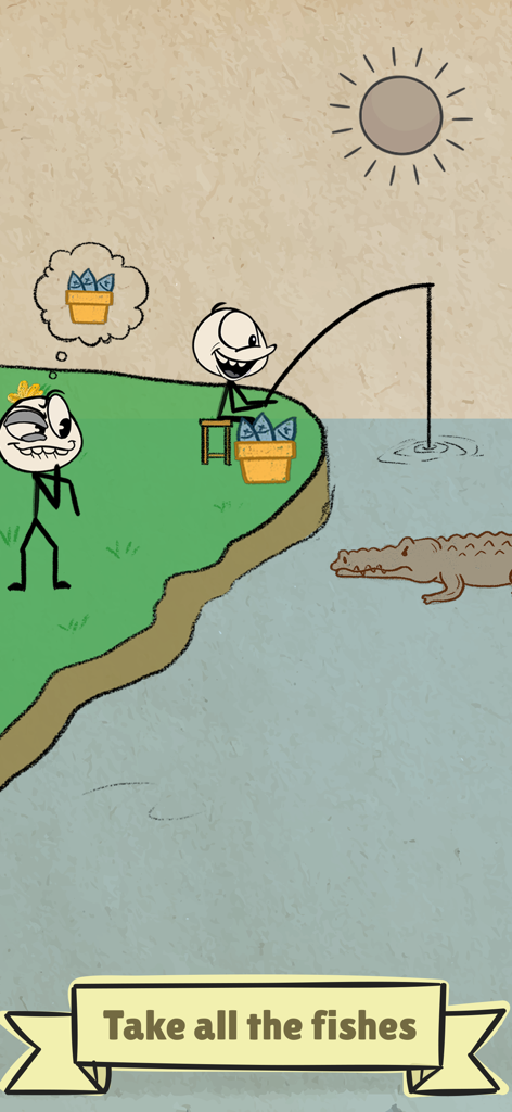 Thief Puzzle: Escape Games - Cartoon thief character planning to steal a basket of fish from a fisherman near a crocodile