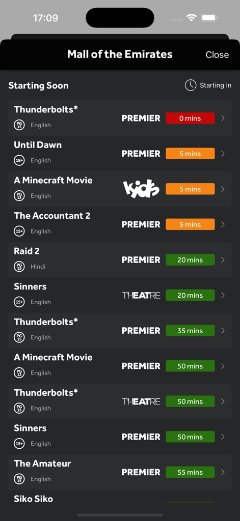 Mobile app interface showing upcoming movie showtimes and countdown timers for VOX Cinemas at Mall of the Emirates