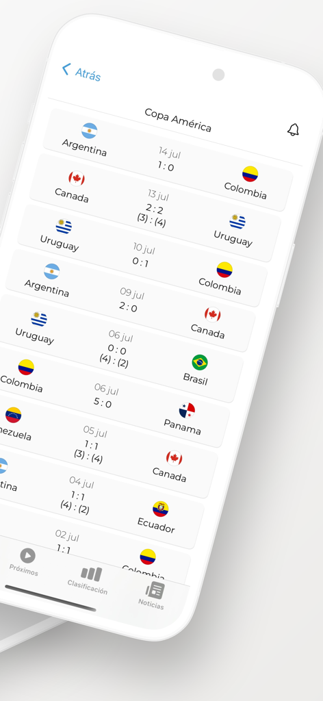 Liga Fútbol: Argentina - Mobile app interface showing Copa America match results and soccer team standings.
