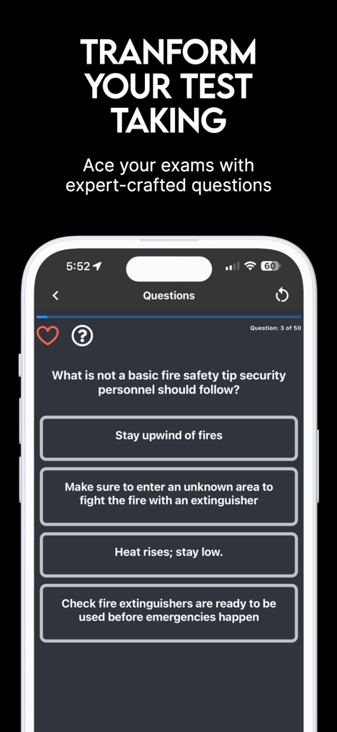Examzify - Examzify mobile app interface showing a multiple choice fire safety practice exam question for security personnel