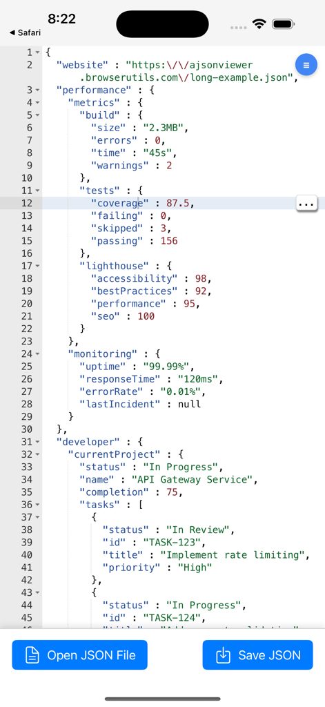 Advanced JSON Viewer - Advanced JSON Viewer app displaying formatted code with open and save buttons