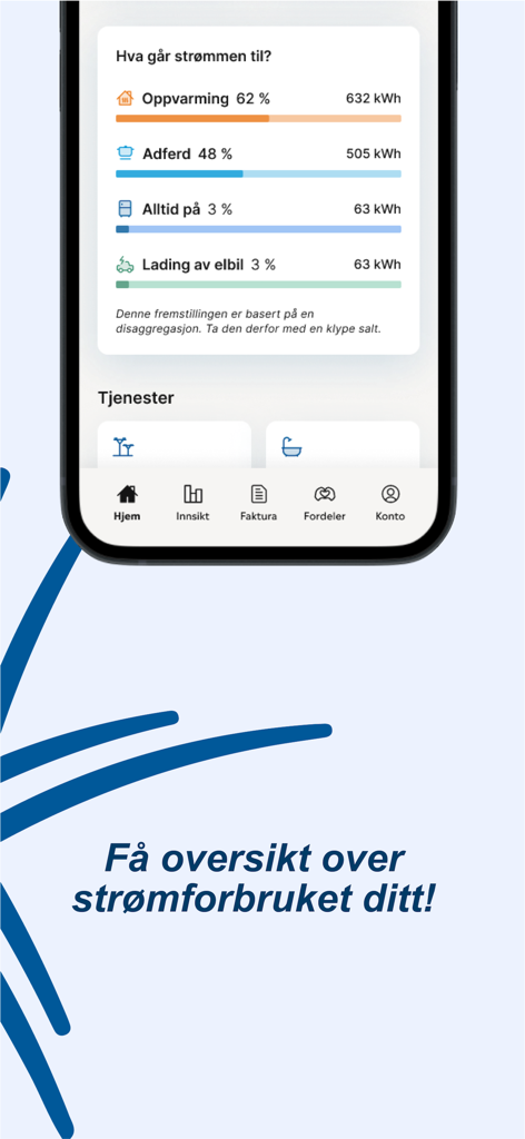 Mitt Hjem - Haugaland Kraft - Interface d'application mobile affichant une répartition détaillée en pourcentage des catégories de consommation d'énergie du domicile telles que le chauffage et la recharge de VE