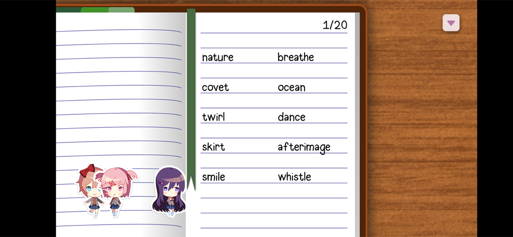Doki Doki Literature Club! - The poem writing interface in Doki Doki Literature Club showing word selections and chibi characters