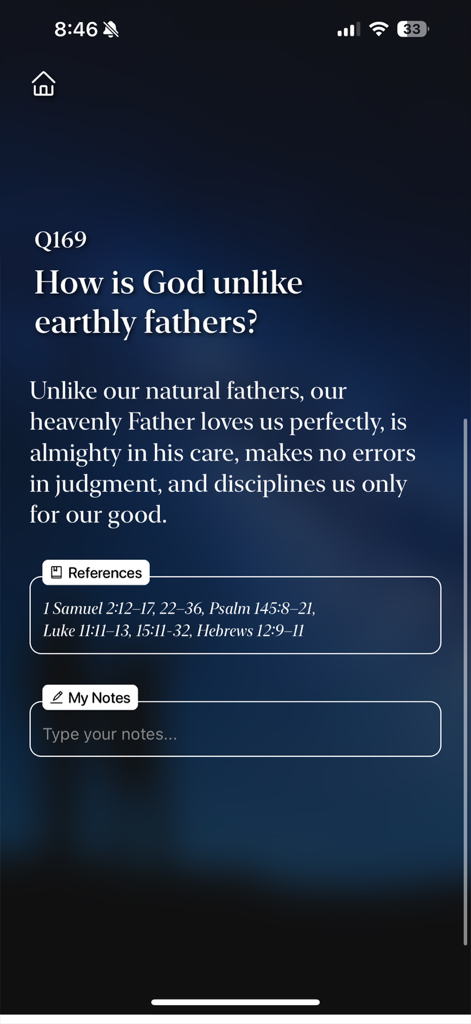 A screenshot of The Catechism mobile app showing a theological question and answer with scripture references