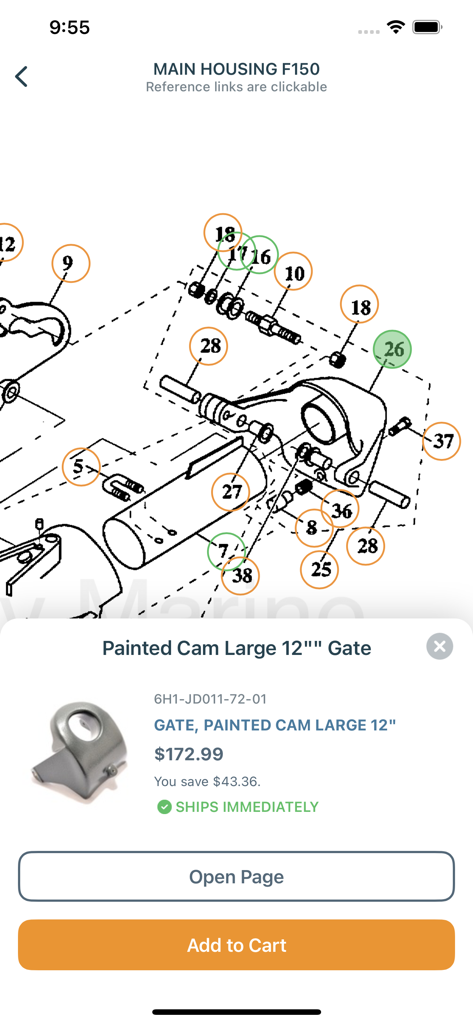 Crowley Marine - A technical schematic for a boat motor housing with an integrated shopping cart feature for OEM parts.