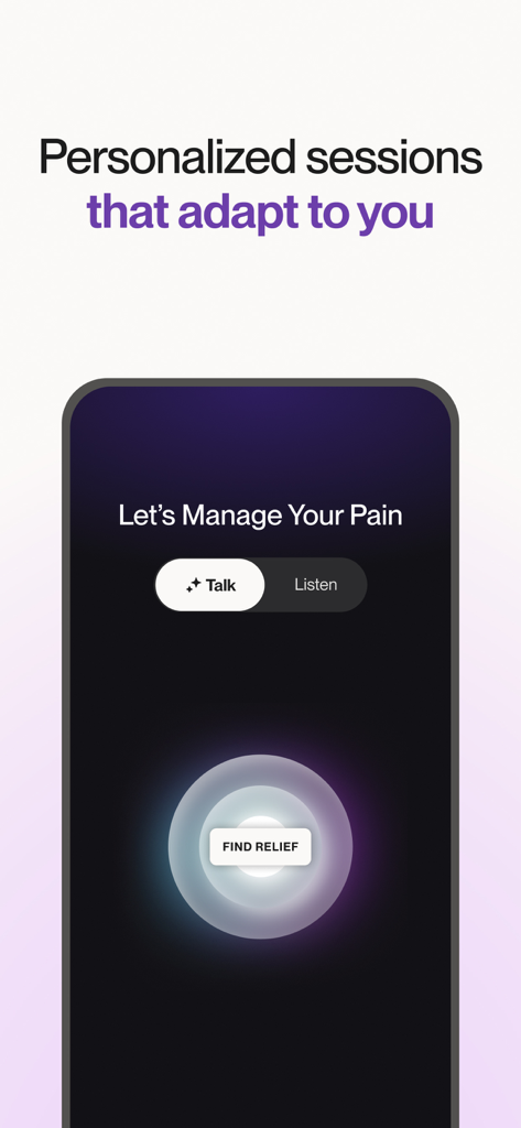 Reveri App-Oberfläche für personalisierte KI-Schmerzmanagement-Sitzungen mit einer Umschaltoption für Sprach- oder Hör-Modus