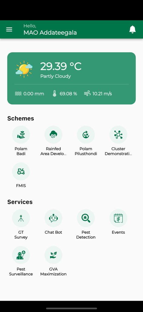 AP AGRI - Dashboard of the AP AGRI mobile app showing weather updates and agricultural services