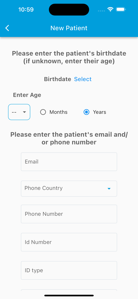 PocketPatientMD - PocketPatientMD new patient registration screen with contact and identification fields