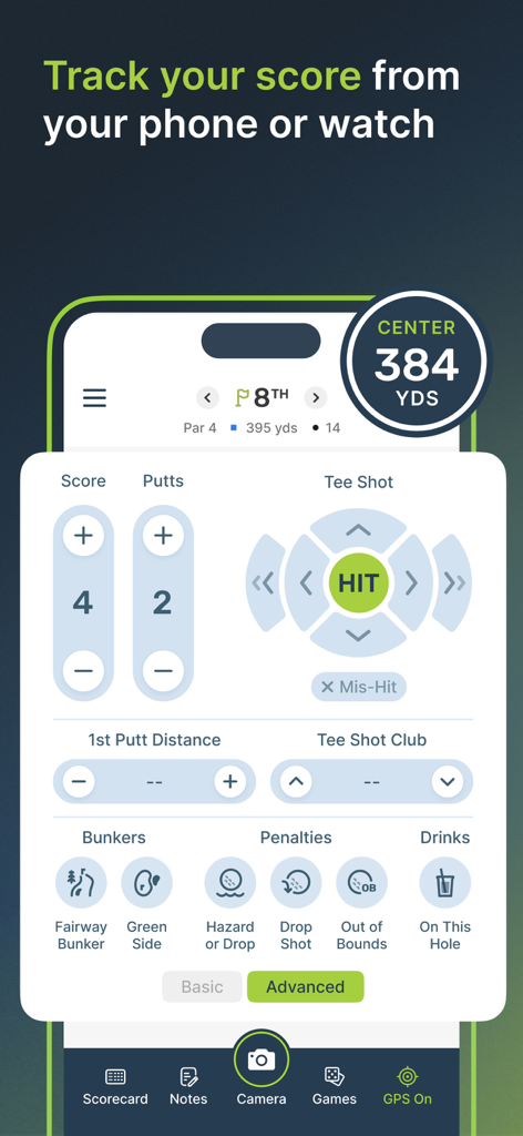 TheGrint Mobile App digitale Scorekarten-Oberfläche zur Verfolgung von Golf-Scores, Putts und Strafstatistiken auf einem Smartphone.