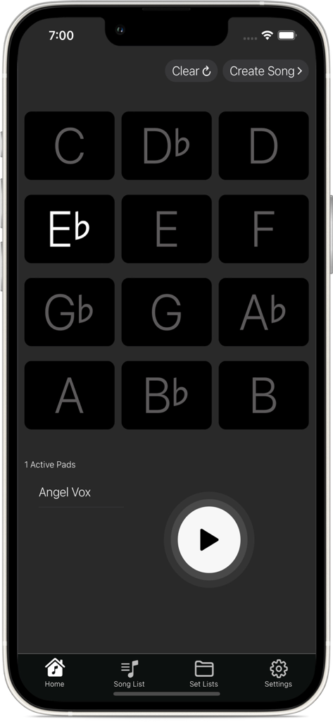 SoftPads App zeigt ein Raster von musikalischen Tasten mit ausgewählten aktiven Ambient-Loop-Pads.