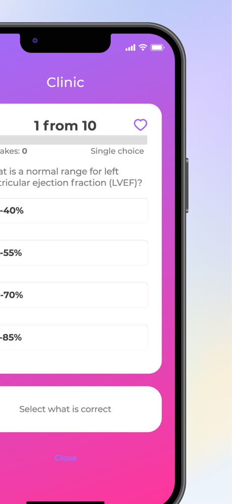 InVivo: ECG (EKG) Course - InVivo ECG app showing a medical quiz question about LVEF range