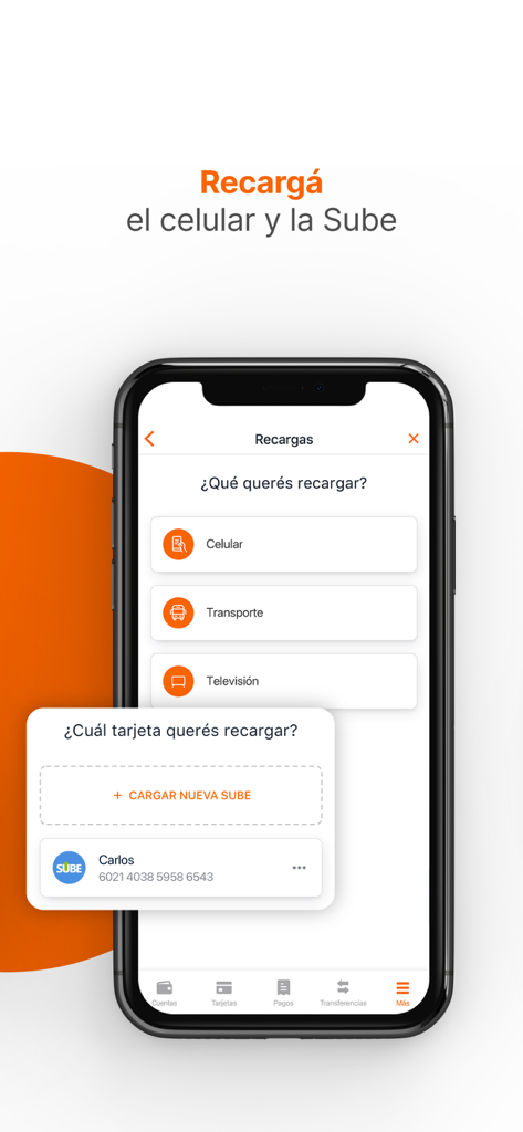 Galicia - El banco en tu celu - Pantalla de la app de banca móvil de Galicia para recargar teléfonos móviles y tarjetas de transporte SUBE