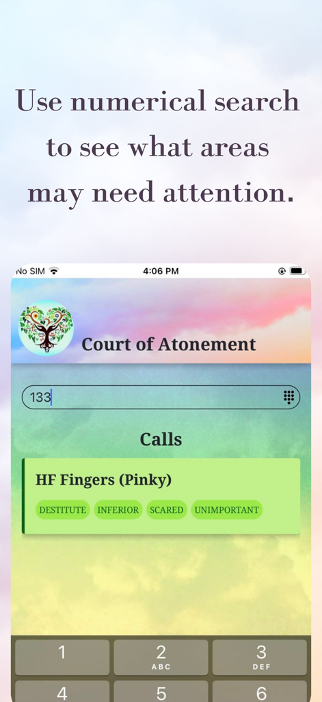 Court of Atonement - Interface of the Court of Atonement app showing the numerical search feature for identifying spiritual healing areas