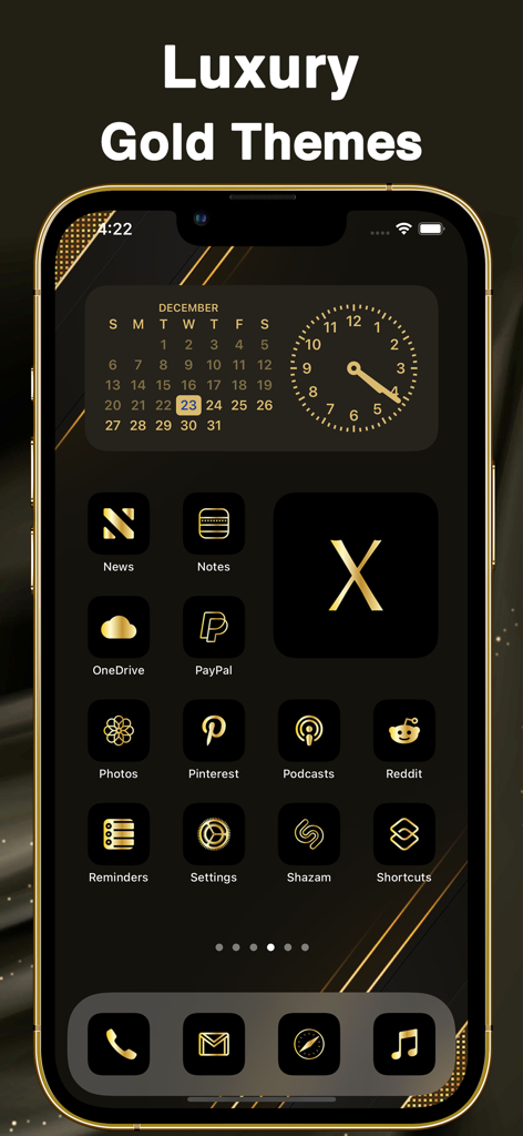 Themery - Widget & Icon Themes - A luxury gold and black iPhone home screen theme from the Themery app featuring custom gold icons and widgets
