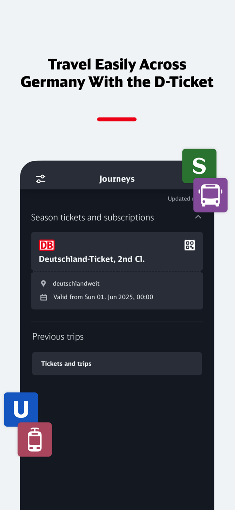 DB Navigator app screen showing a Deutschland-Ticket for easy travel across Germany