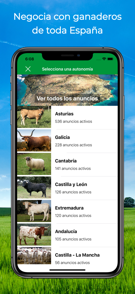 Vacapop - Compraventa ganadera - Mobile application interface of Vacapop showing livestock advertisements categorized by Spanish regions
