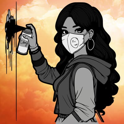 realistic girl with mask spray painting a wall