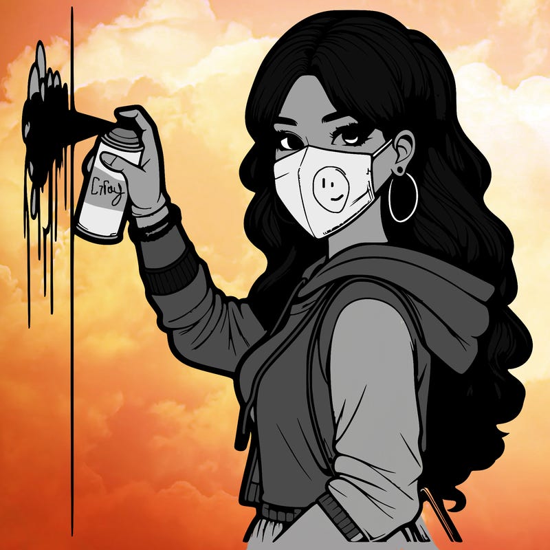 realistic girl with mask spray painting a wall