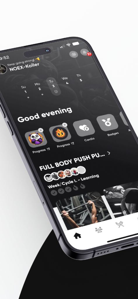 NOEX Training Platform - Painel do aplicativo de fisiculturismo NOEX mostrando um plano de treino de corpo inteiro e progresso de treino