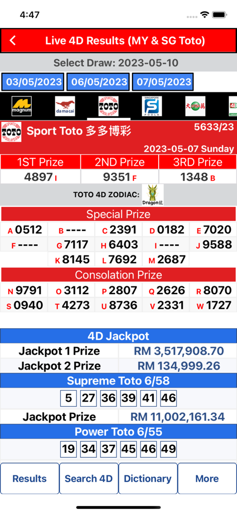 Interface de l'application mobile montrant les résultats de la loterie 4D en direct pour Sport Toto Malaysia et Singapour avec les numéros gagnants et les prix du jackpot
