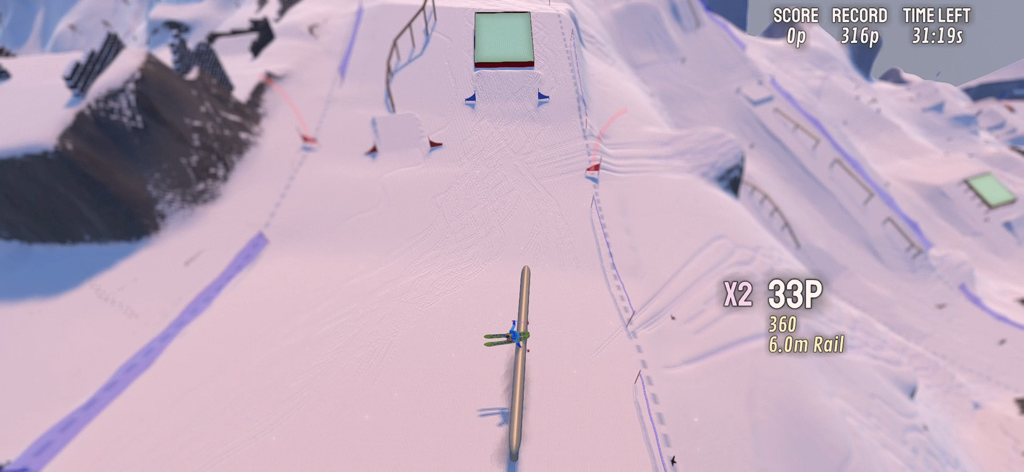 Grand Mountain Adventure 2 - Uno sciatore che esegue un trick di rail grind a 360 in uno snow park in Grand Mountain Adventure 2.