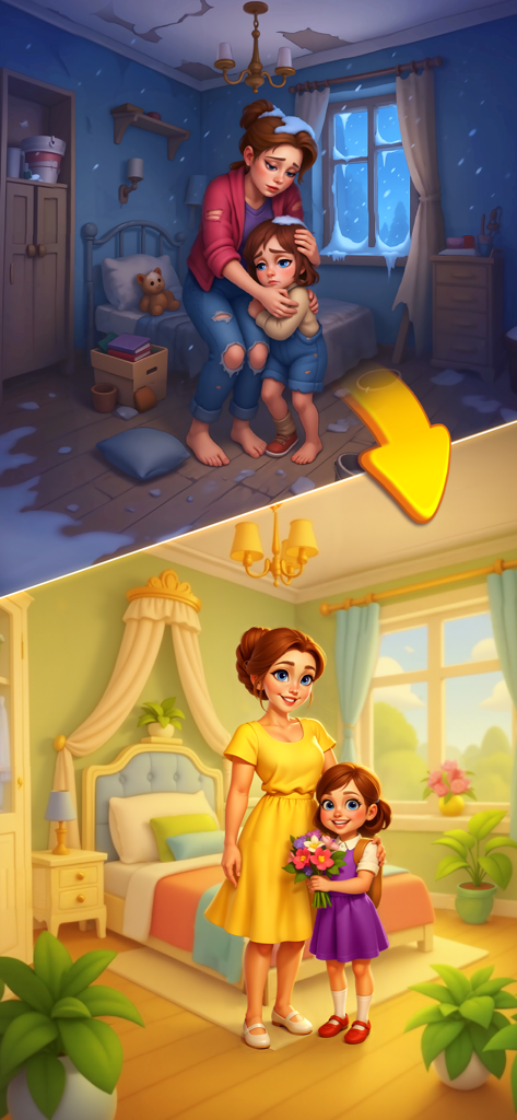 Una habitación antes y después de la renovación que muestra a una madre y una hija en una habitación fría y rota frente a un dormitorio brillante y restaurado