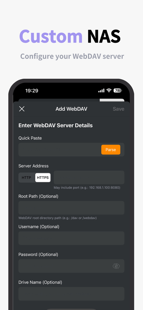 Comic Reader - NoxWing - 사용자 정의 NAS 코믹 저장을 위해 WebDAV 서버를 추가하는 NoxWing 앱의 구성 화면