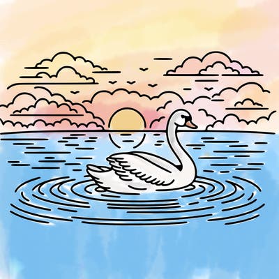 a swan gliding across a misty lake at dawn, with gentle ripples trailing behind. the swan's reflection is visible in the water, and there are dark clouds overhead hinting at an incoming storm.