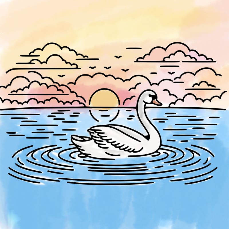 a swan gliding across a misty lake at dawn, with gentle ripples trailing behind. the swan's reflection is visible in the water, and there are dark clouds overhead hinting at an incoming storm.