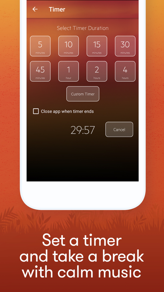 Interfaccia dell'app Meditation and Relax Music Pro che mostra le opzioni di durata del timer e un conto alla rovescia