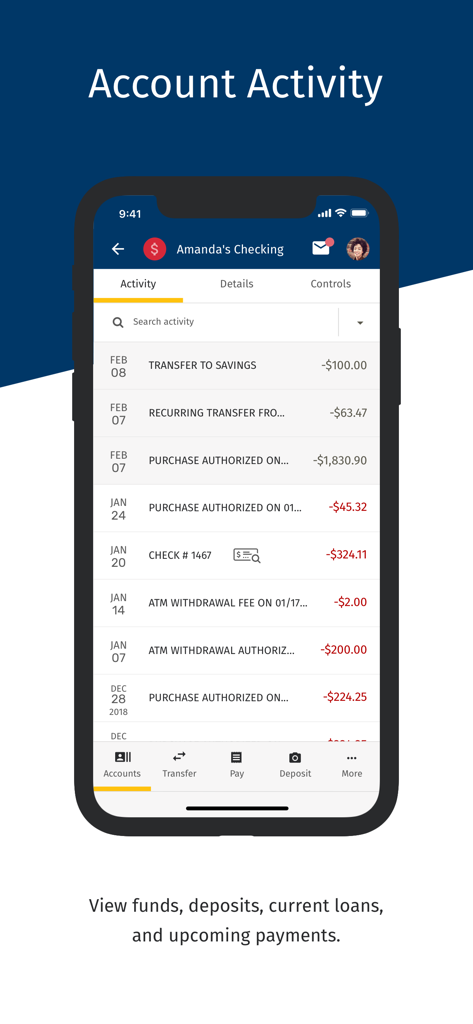 ACU of Texas mobile banking app account activity screen showing transaction history
