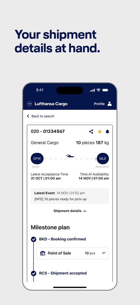 A mobile app screen showing detailed shipment tracking information for Lufthansa Cargo including origin destination and milestone progress.