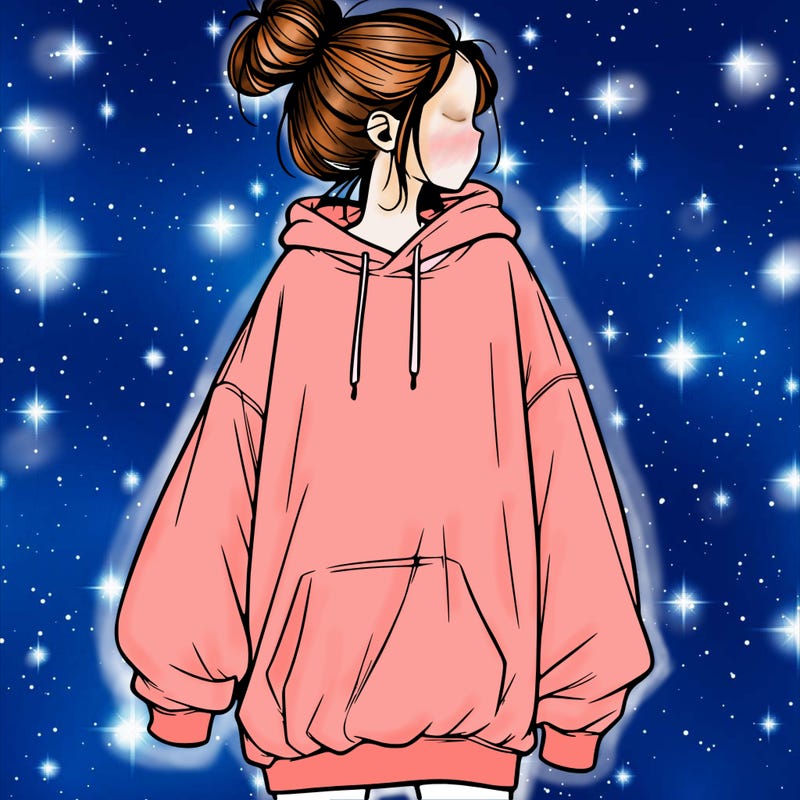 realistic girl with a oversized sweatshirt on and a bun