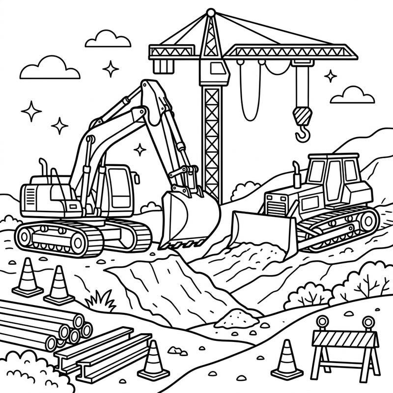 Get ready to dig, lift, and build with this action-packed construction vehicles coloring page. Explore a busy site filled with powerful excavators, bulldozers, and towering cranes, waiting for your creative touch.