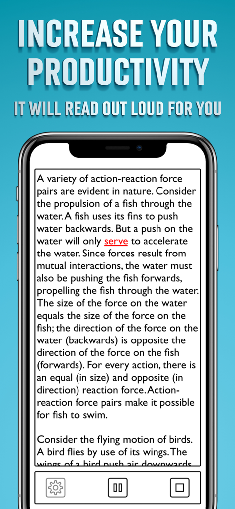 生産性向上に焦点を当てた見出しと共に、学術的なテキストを読み上げているモバイルアプリケーション