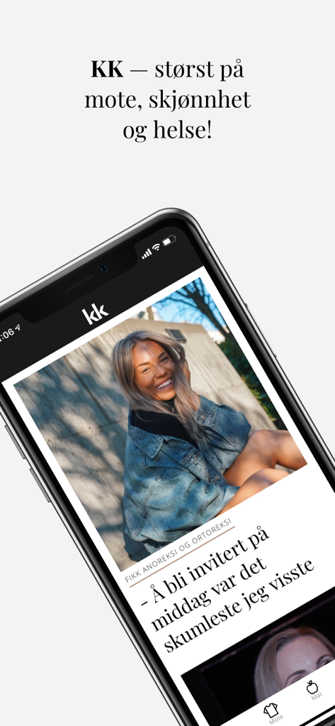 KK mote, helse, mat, horoskop - Uma tela de smartphone exibindo o aplicativo de estilo de vida KK com uma mulher vestindo uma jaqueta jeans e texto norueguês sobre moda e saúde.