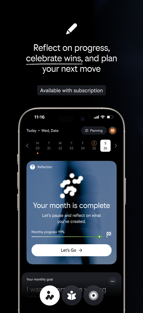 Journey Now - Journey Now app interface showing a monthly reflection card with progress tracking and a 99 percent completion bar