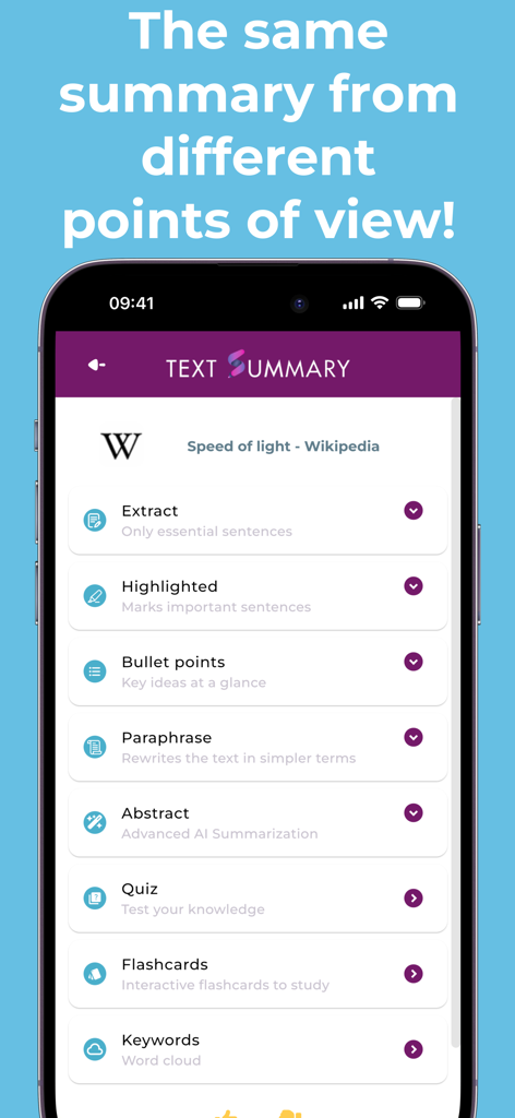 Summary AI: TLDR Summarizer - Summary AI app interface showing multiple summary formats like bullet points flashcards and quizzes for a Wikipedia article