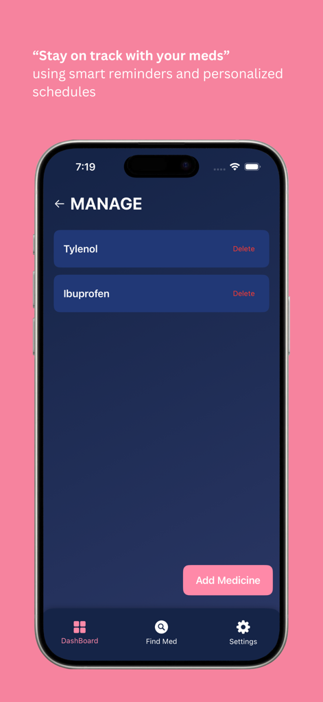 Medify:AI Medicine Identifier - Panel de la aplicación Medify mostrando una lista de medicamentos actuales para gestión y recordatorios.