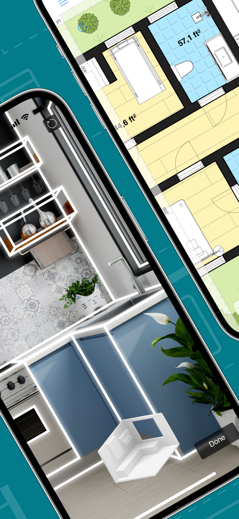 Live Home 3D Pro: House Design - Live Home 3D Pro app displaying a 2D floor plan and a 3D LiDAR room scan on two iPhones